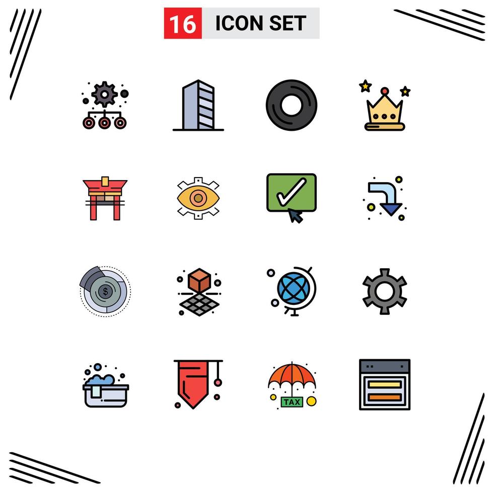 16 Universal Flat Color Filled Lines Set for Web and Mobile Applications gate crown computers award hardware Editable Creative Vector Design Elements