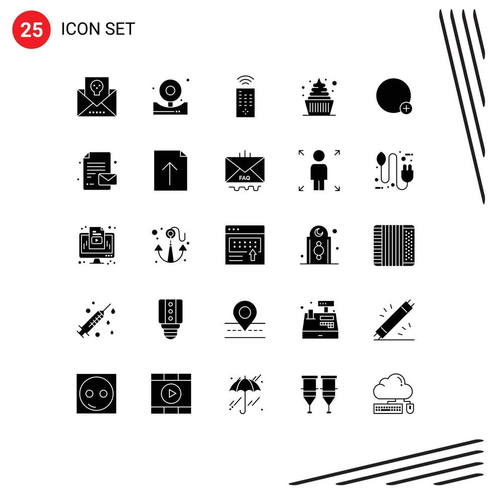 Pack of 25 Modern Solid Glyphs Signs and Symbols for Web Print Media such as plus sweets fire icecream cream Editable Vector Design Elements