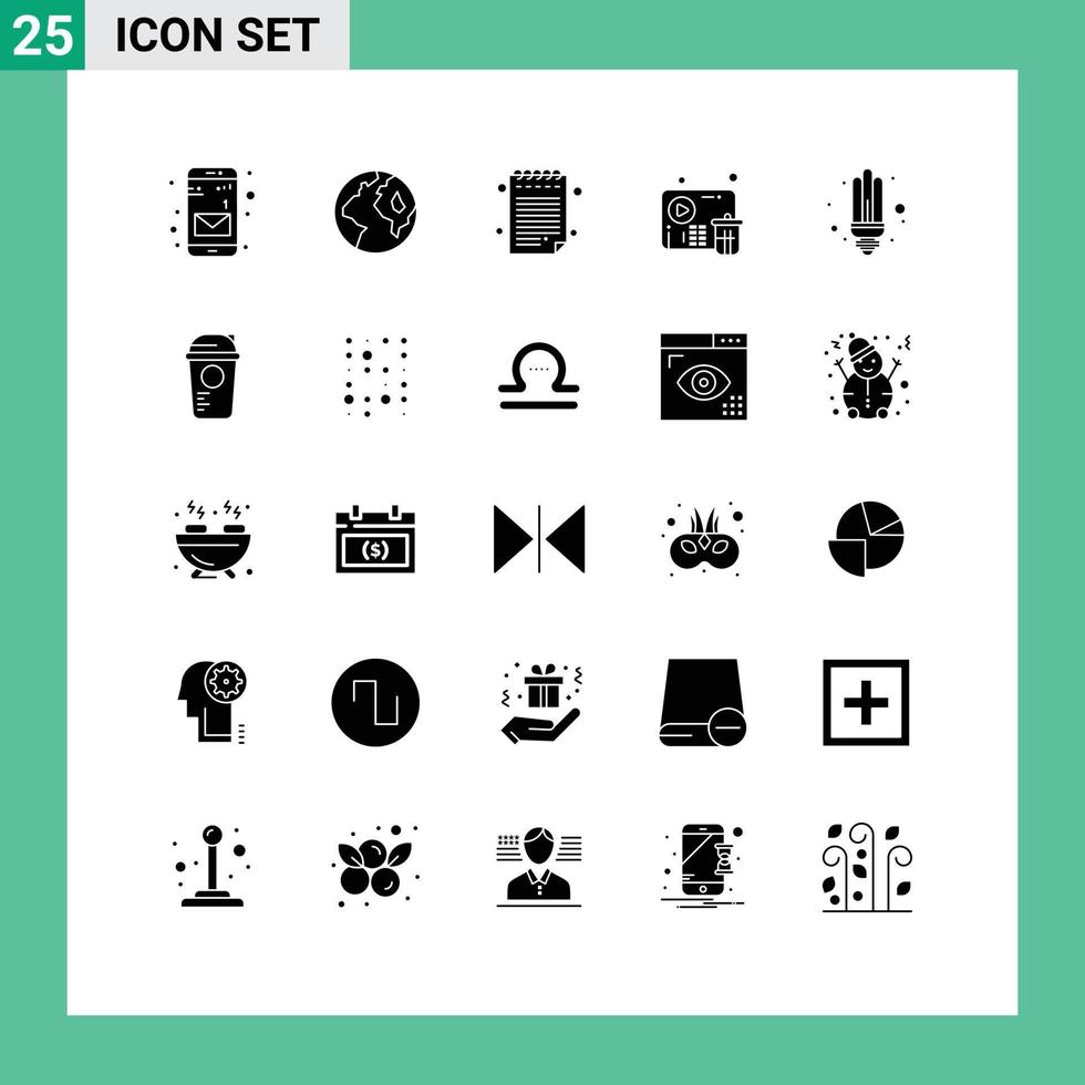 Group of 25 Modern Solid Glyphs Set for game light delete saver bulb Editable Vector Design Elements