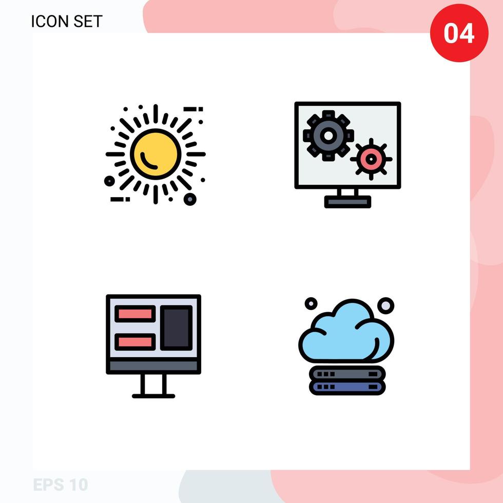 Pictogram Set of 4 Simple Filledline Flat Colors of sun setting ecology gear monitor Editable Vector Design Elements