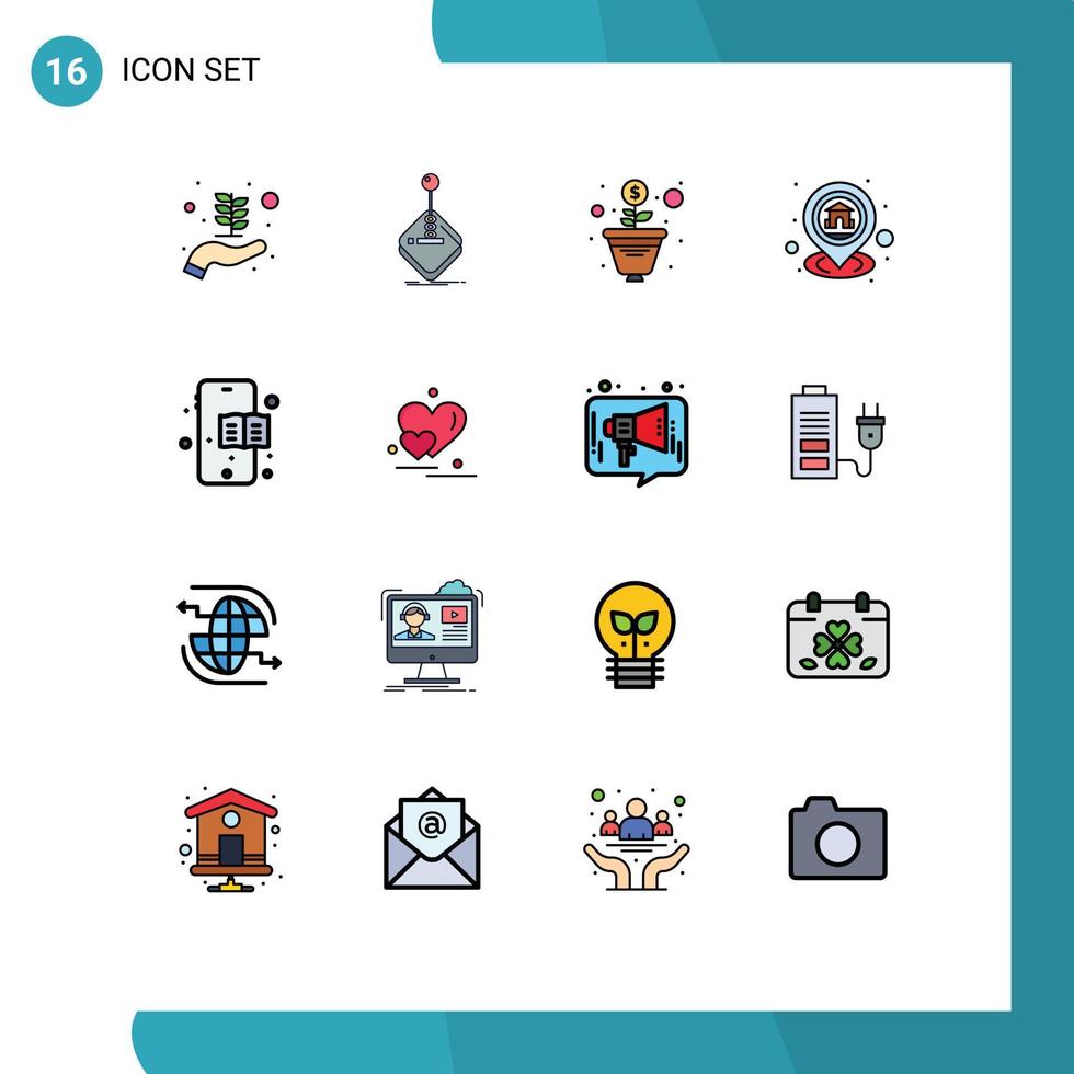 Pack of 16 Modern Flat Color Filled Lines Signs and Symbols for Web Print Media such as education book navigation growth map home Editable Creative Vector Design Elements