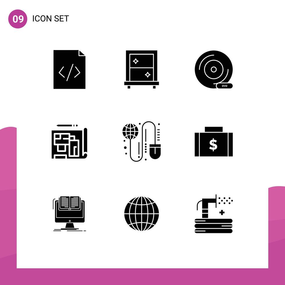 User Interface Pack of 9 Basic Solid Glyphs of grid global dvd estate blueprint Editable Vector Design Elements