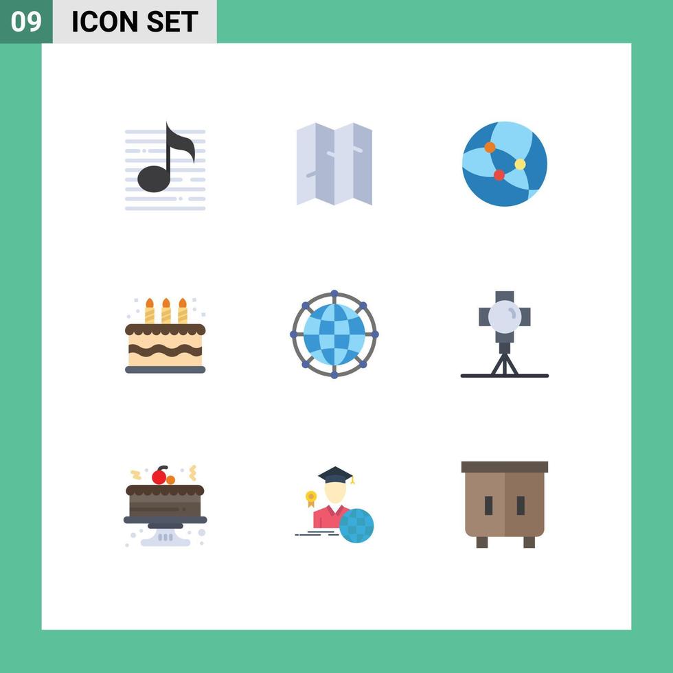 Mobile Interface Flat Color Set of 9 Pictograms of network global internet data cake Editable Vector Design Elements