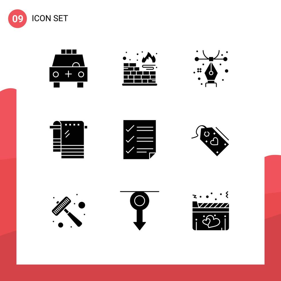 Set of 9 Vector Solid Glyphs on Grid for document checkmarks design wiping dry Editable Vector Design Elements