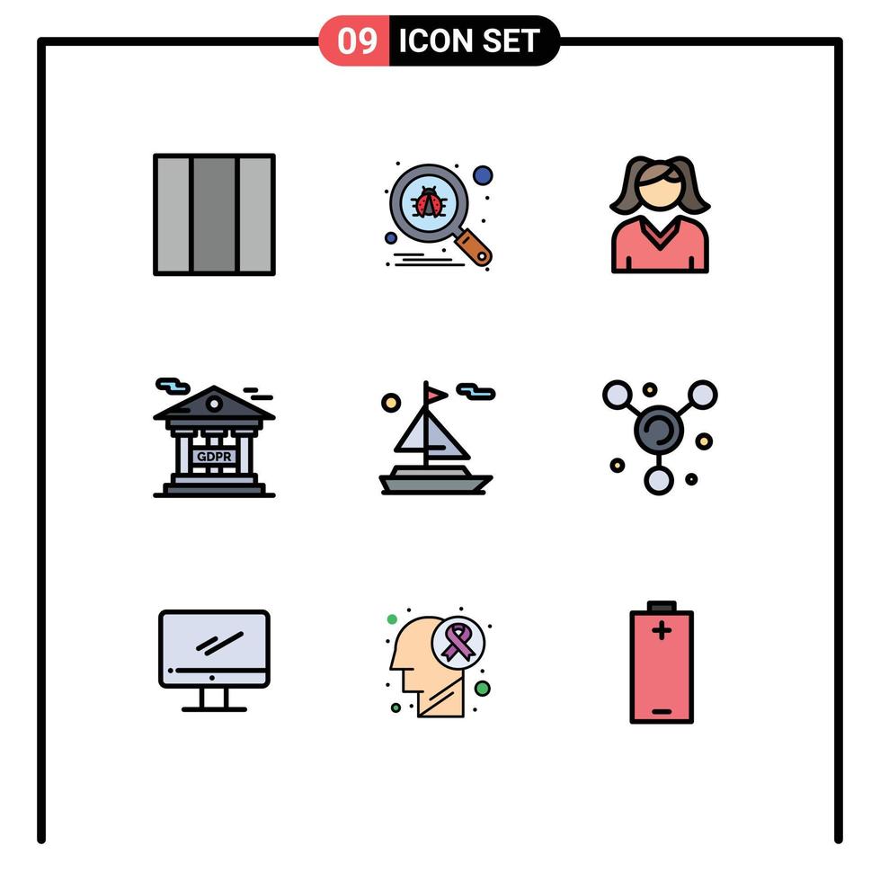 9 Universal Filledline Flat Colors Set for Web and Mobile Applications molecule ship woman boat gdpr Editable Vector Design Elements