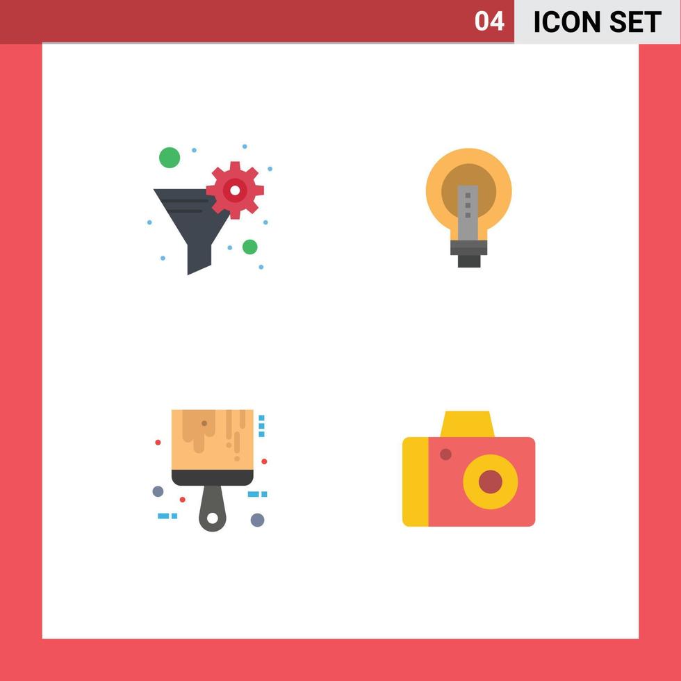 Set of 4 Vector Flat Icons on Grid for data filter lightbulb gear filter business brush Editable Vector Design Elements