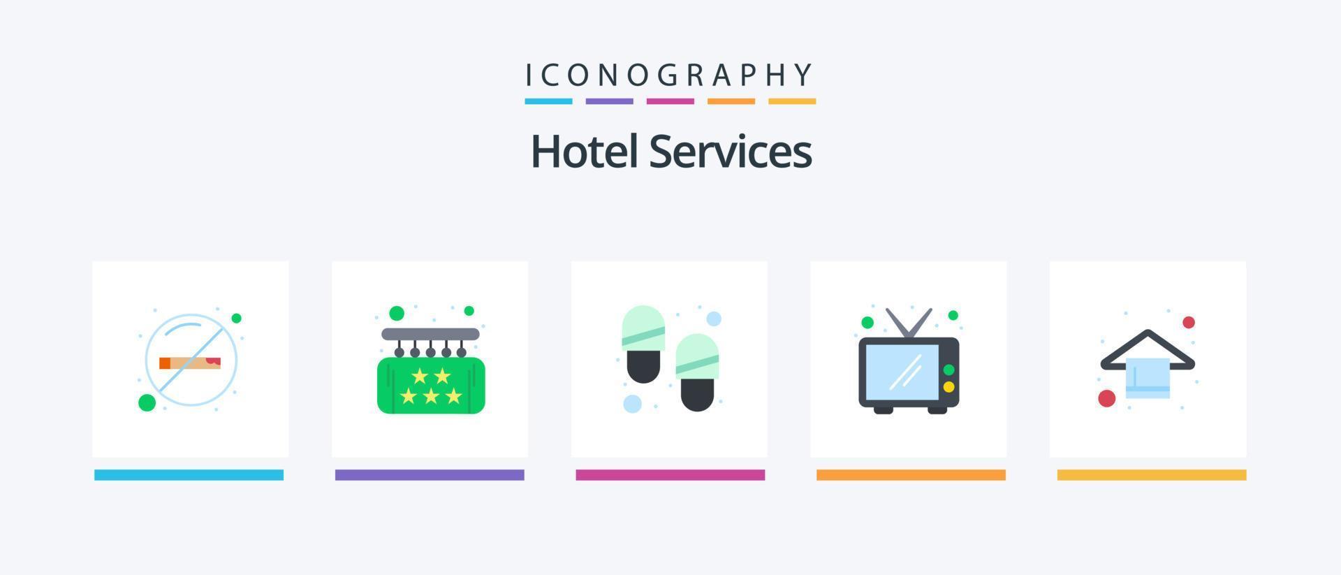hotel servicios plano 5 5 icono paquete incluso baño. percha. servicio. televisor. comunicación. creativo íconos diseño vector