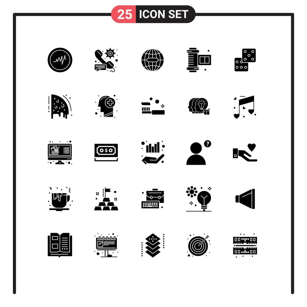 25 Universal Solid Glyph Signs Symbols of birthday dice global casino camera accessories Editable Vector Design Elements
