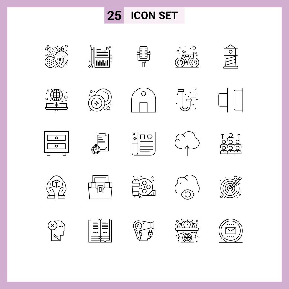 Universal Icon Symbols Group of 25 Modern Lines of lighthouse gym microphone cycle bicycle Editable Vector Design Elements