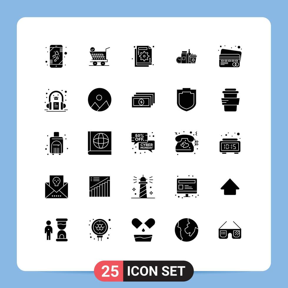 Set of 25 Commercial Solid Glyphs pack for coffee milk analysis items graph Editable Vector Design Elements