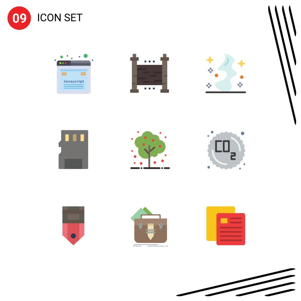 Mobile Interface Flat Color Set of 9 Pictograms of tree sd magic memory card card Editable Vector Design Elements