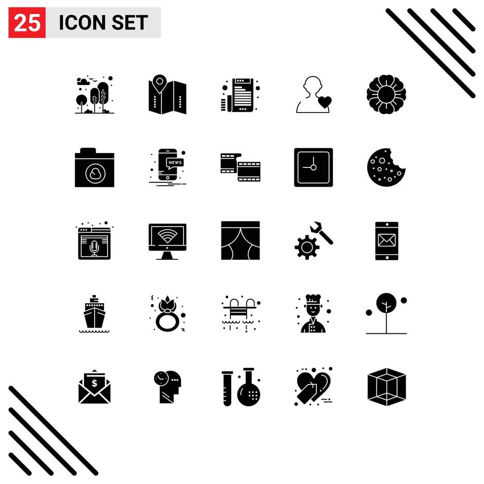 Group of 25 Solid Glyphs Signs and Symbols for nature heart location love letter Editable Vector Design Elements