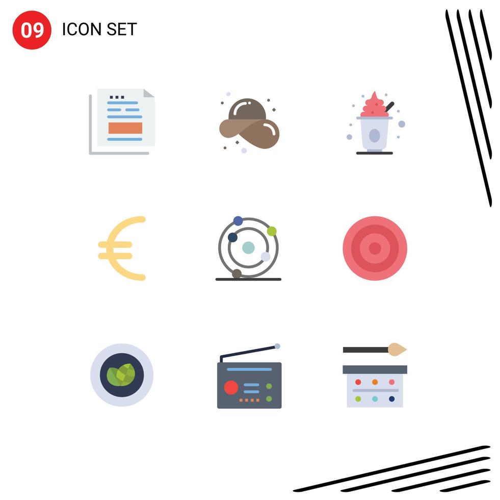 Modern Set of 9 Flat Colors and symbols such as atom euro straw hat currency sweet Editable Vector Design Elements