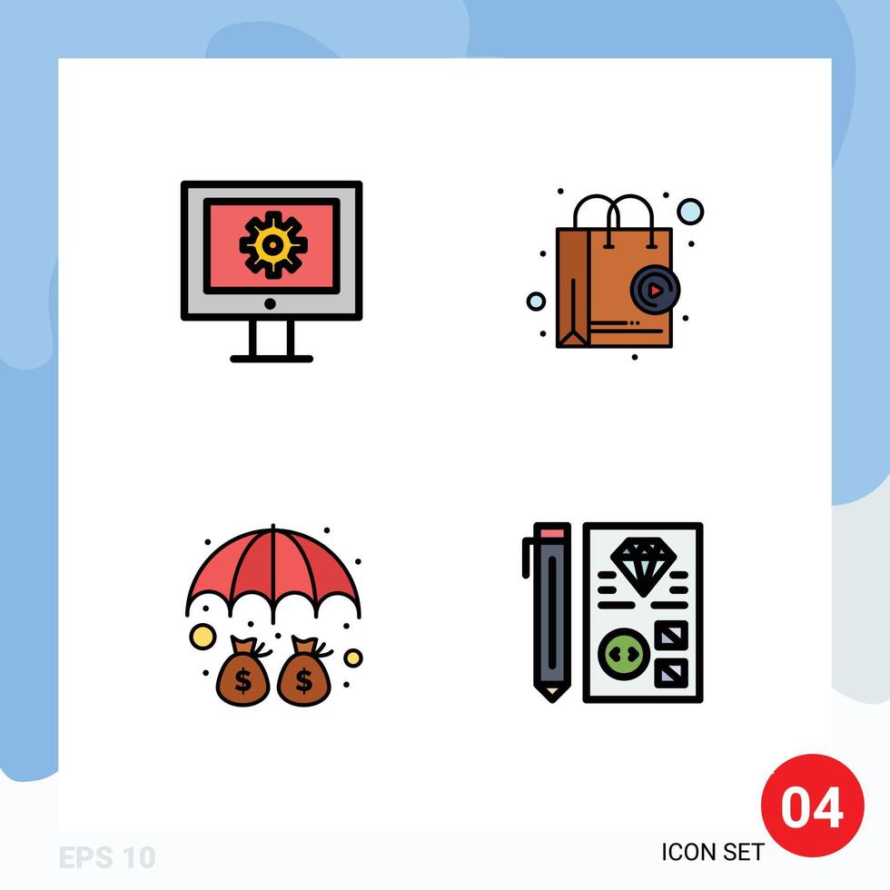4 Universal Filledline Flat Color Signs Symbols of online support service money web maintenance shop protection Editable Vector Design Elements