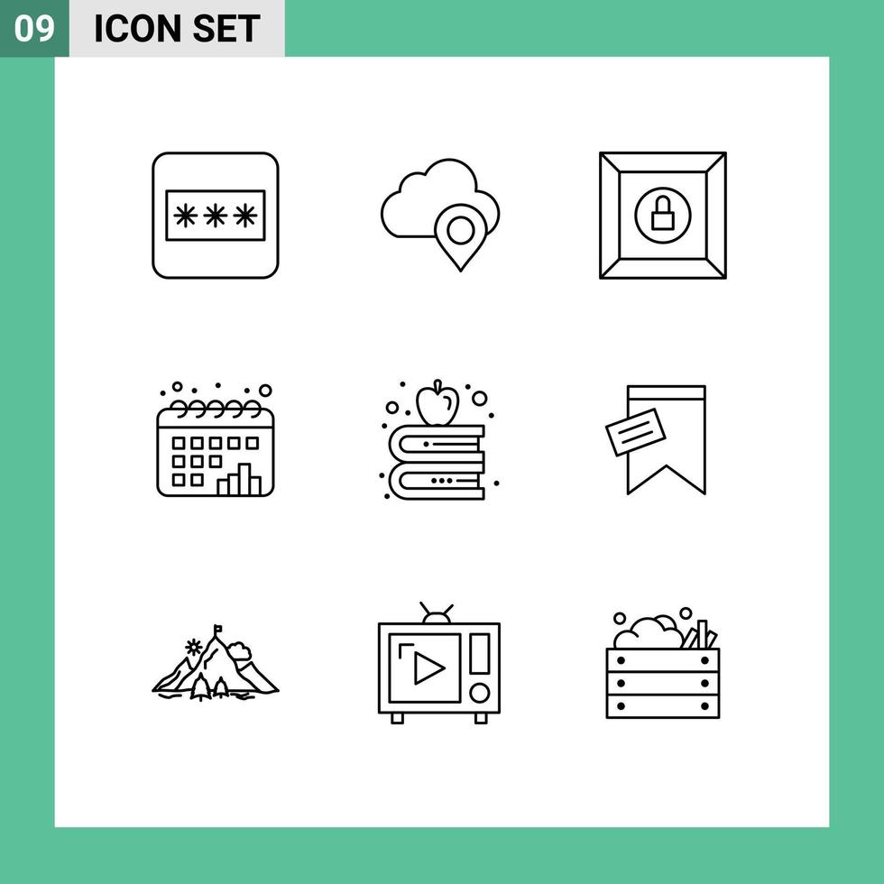 Group of 9 Modern Outlines Set for mark books lock apple dots Editable Vector Design Elements