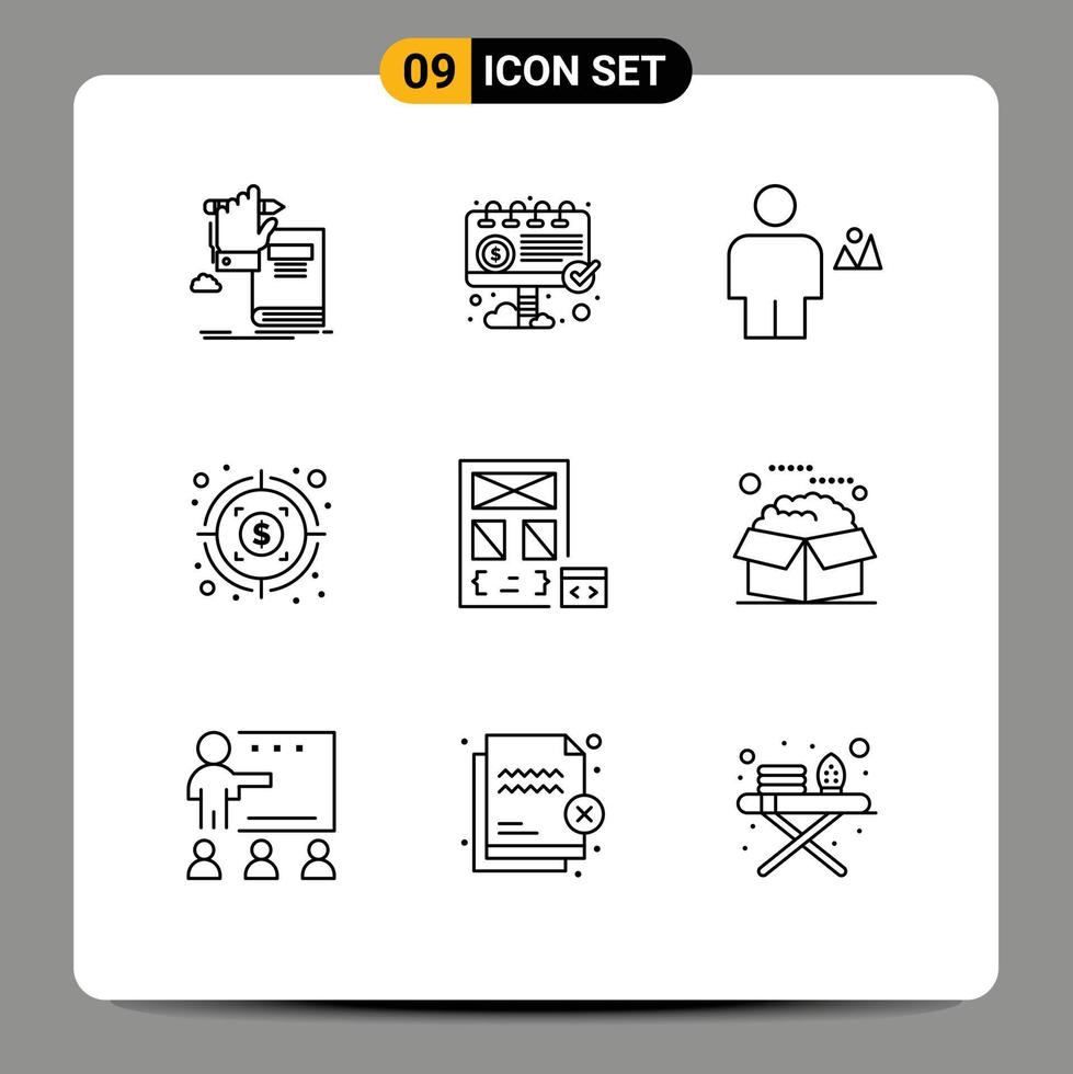 Pack of 9 creative Outlines of app profit marketing money human Editable Vector Design Elements