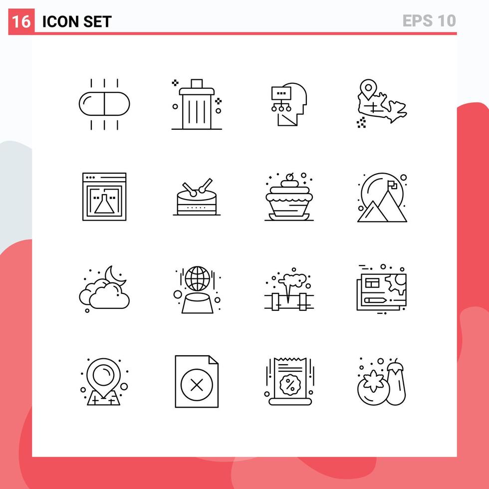 Pack of 16 Modern Outlines Signs and Symbols for Web Print Media such as research flask planning location canada Editable Vector Design Elements