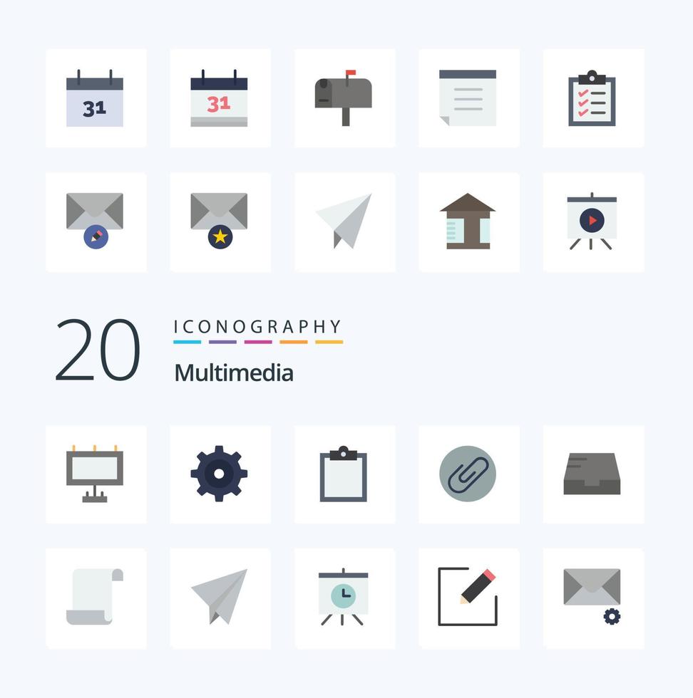 20 Multimedia Flat Color icon Pack like paper log attach document mail vector