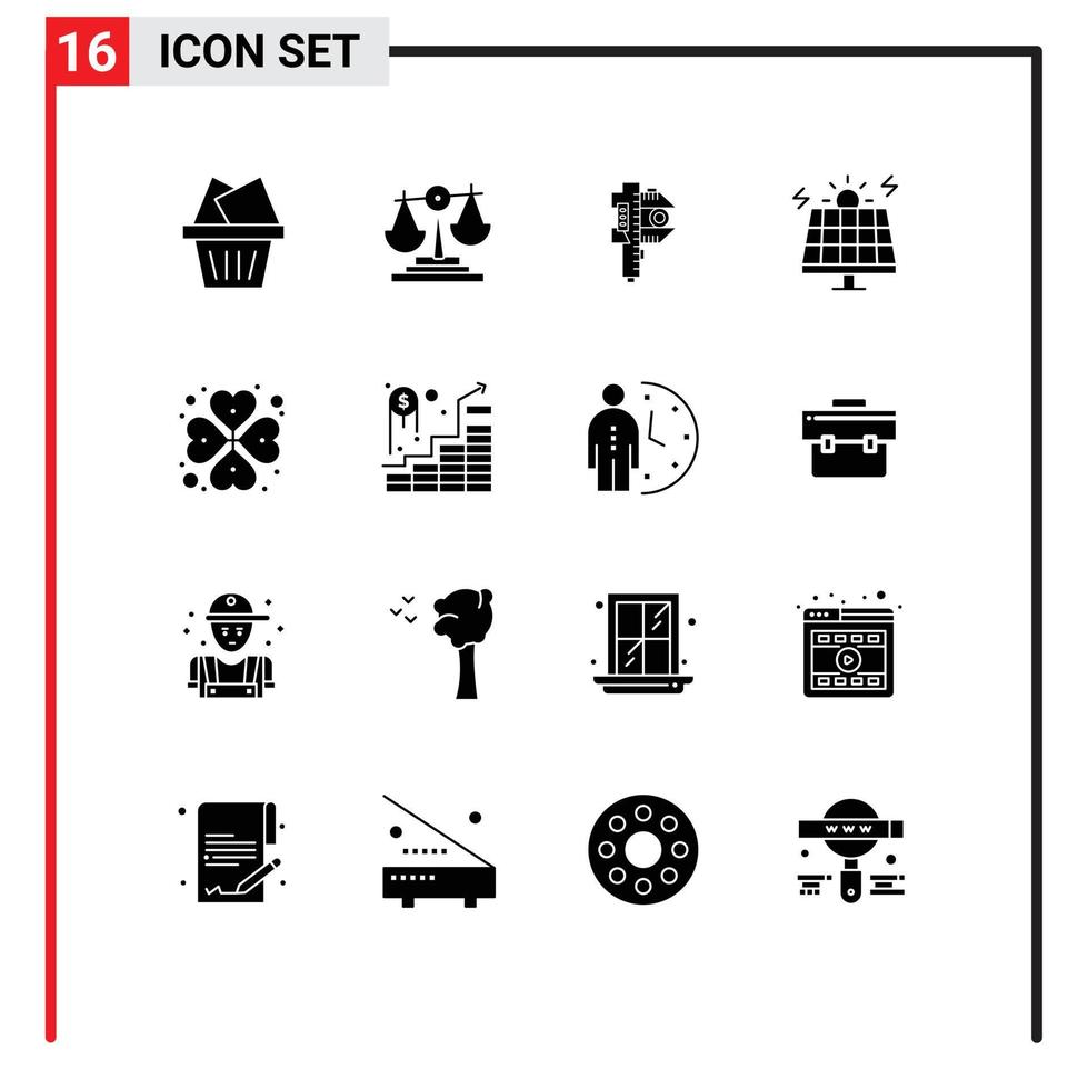 Set of 16 Modern UI Icons Symbols Signs for heart rose solar accuracy green energy Editable Vector Design Elements