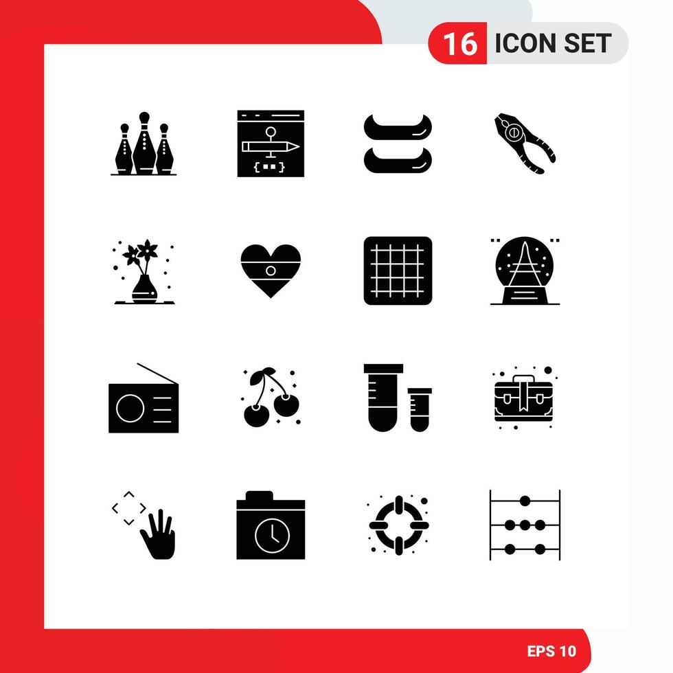 Mobile Interface Solid Glyph Set of 16 Pictograms of flower pot repair develop tongs pincers Editable Vector Design Elements