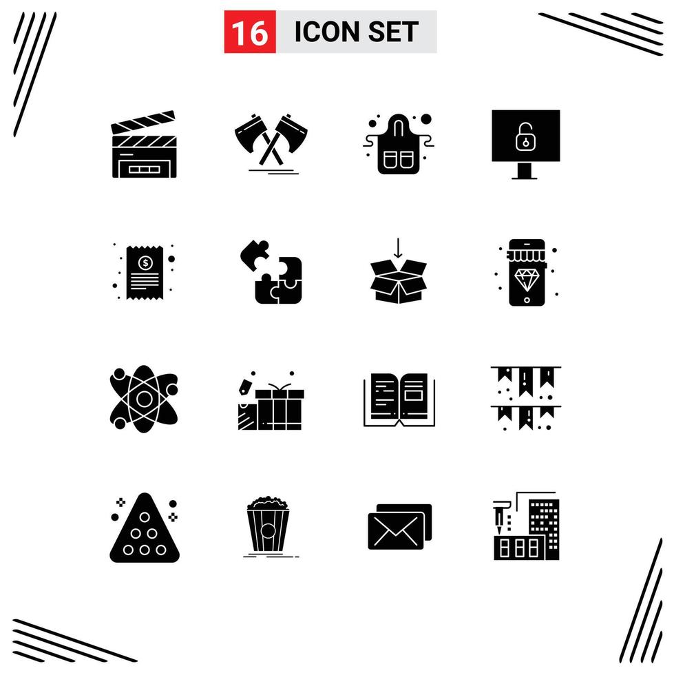 User Interface Pack of 16 Basic Solid Glyphs of bill lock viking computer kitchen Editable Vector Design Elements