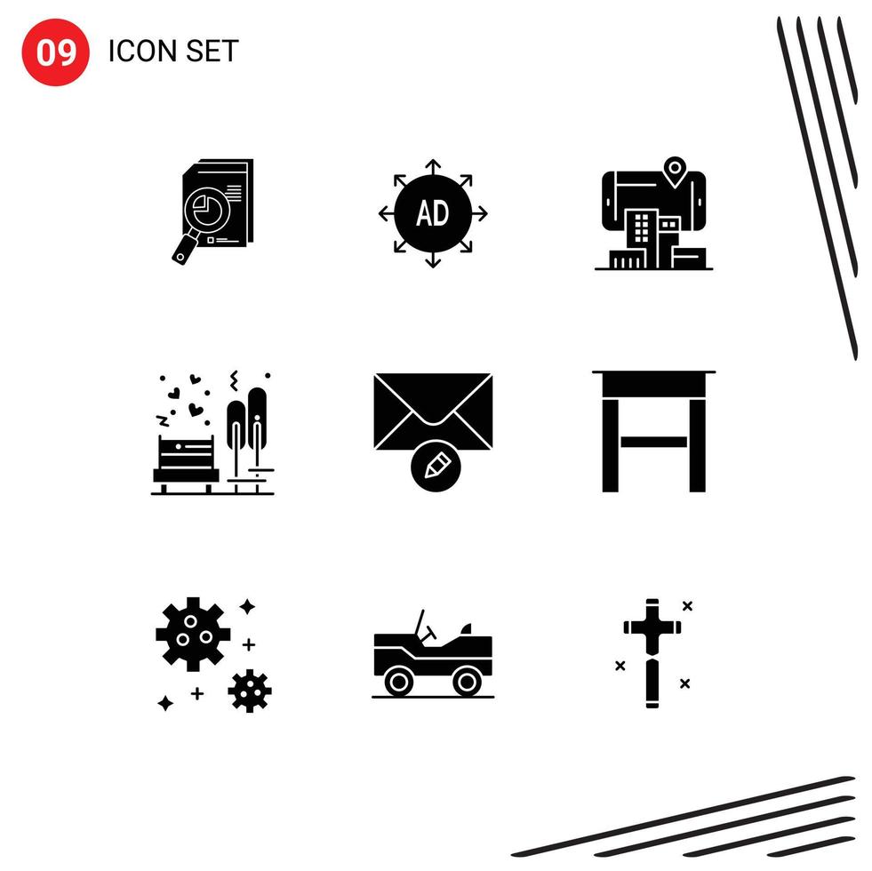 sólido glifo paquete de 9 9 universal símbolos de banco amor sumisión aumentado ciudad editable vector diseño elementos