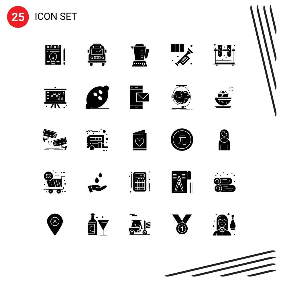 Group of 25 Modern Solid Glyphs Set for experiment trumpet electric music horn Editable Vector Design Elements