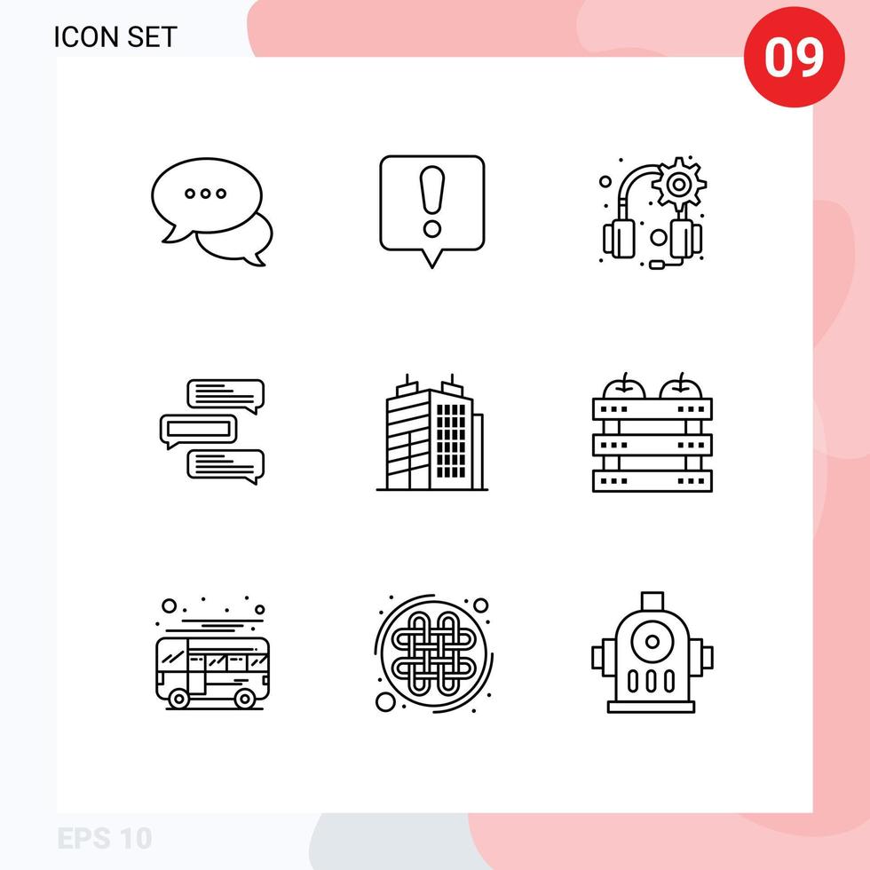 Pictogram Set of 9 Simple Outlines of real building headphones talks comments Editable Vector Design Elements