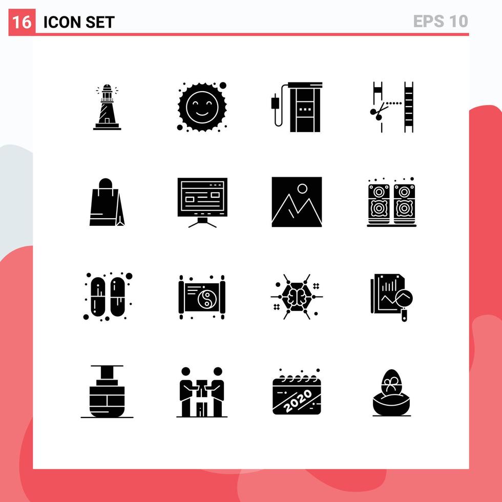 User Interface Pack of 16 Basic Solid Glyphs of handbeg cutting gas cinematography travel Editable Vector Design Elements