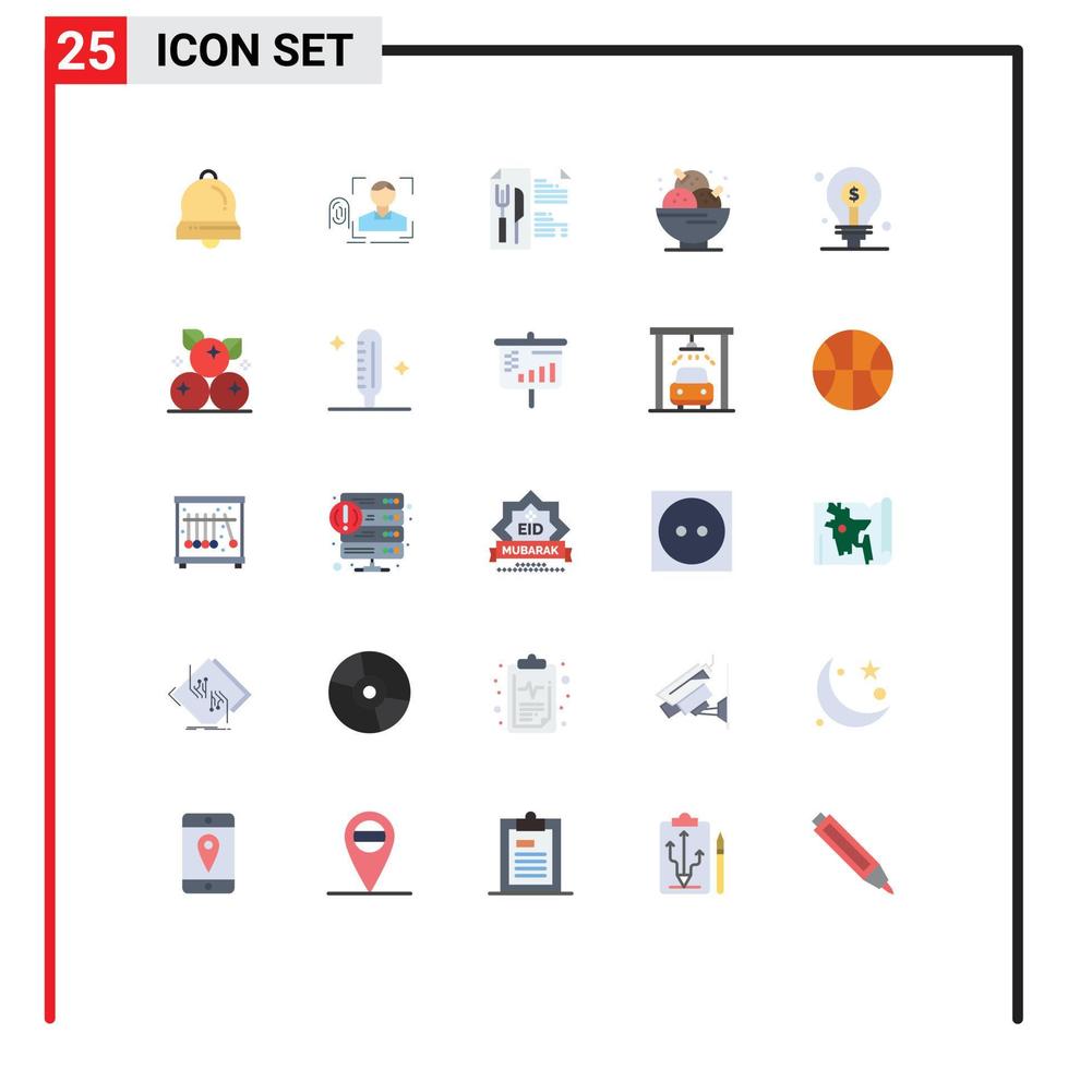 25 User Interface Flat Color Pack of modern Signs and Symbols of bulb party scanning ice cream birthday Editable Vector Design Elements