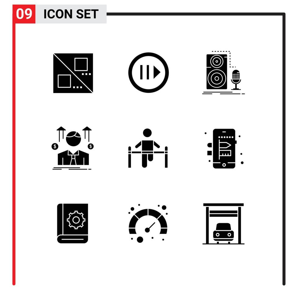 Pack of 9 Modern Solid Glyphs Signs and Symbols for Web Print Media such as exercise employee mic avatar business Editable Vector Design Elements