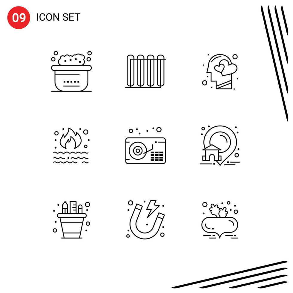 Stock Vector Icon Pack of 9 Line Signs and Symbols for pollution fire heating burn heart Editable Vector Design Elements