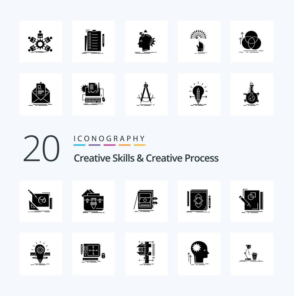 20 creativo habilidades y creativo proceso sólido glifo icono paquete me gusta identidad diseño carpeta archivos rebaja vector