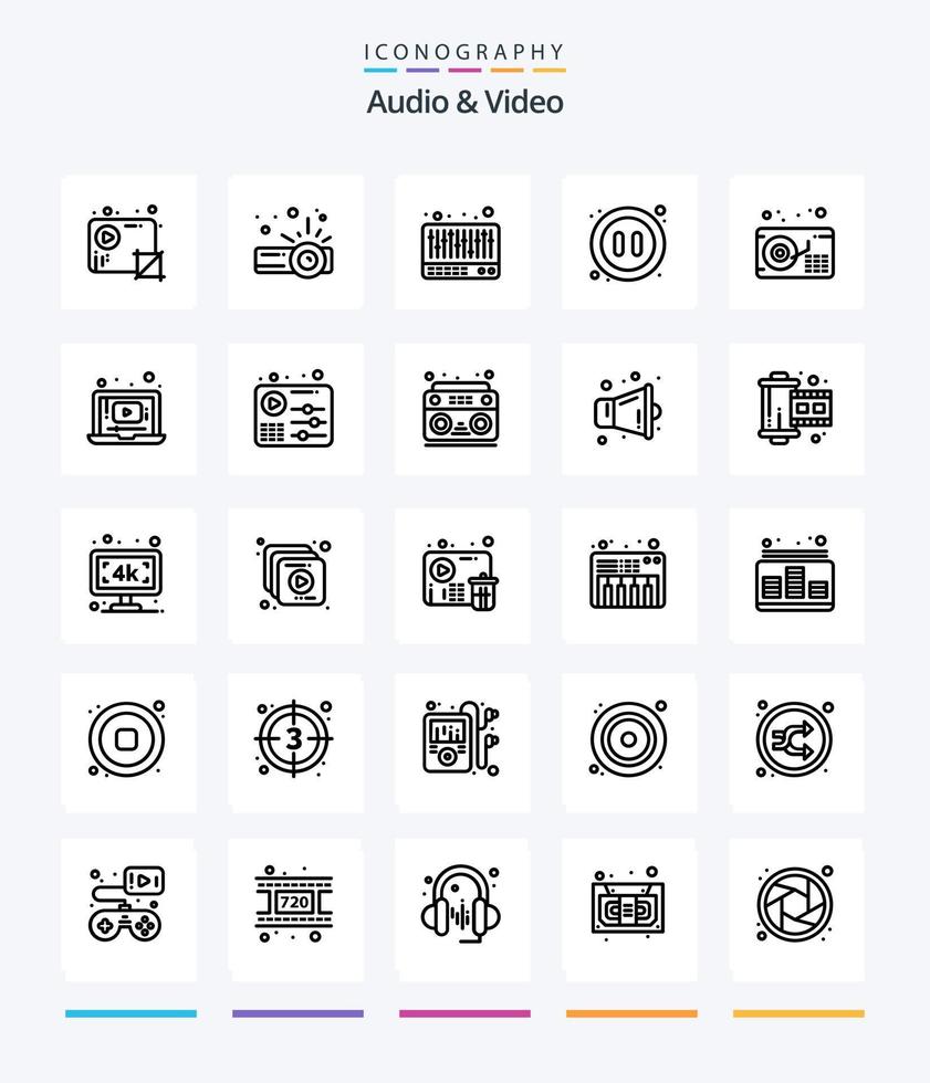 creativo audio y vídeo 25 contorno icono paquete tal como música. audio. mezclador. video. multimedia vector