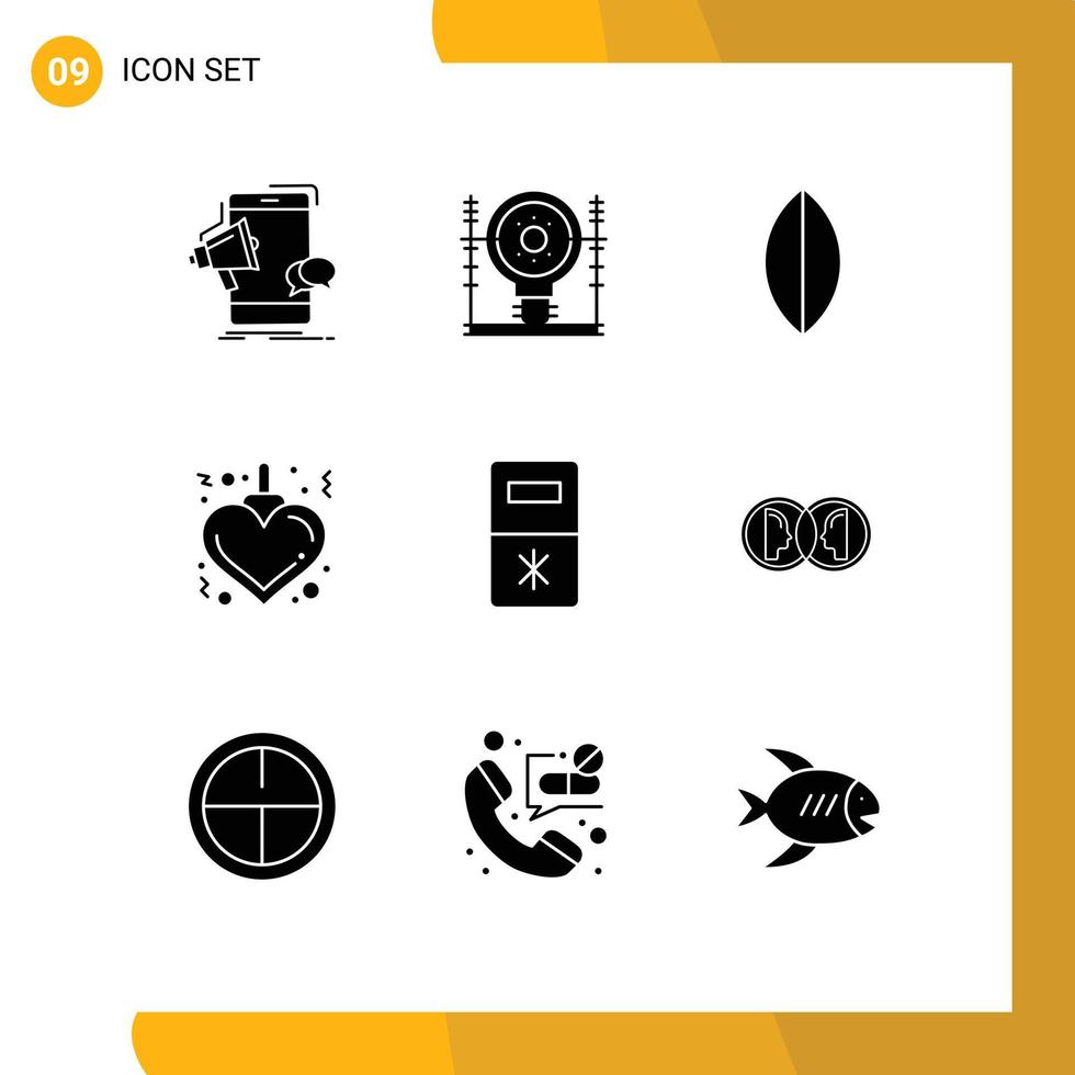 User Interface Pack of 9 Basic Solid Glyphs of kitchen xmas generation heart surfboard Editable Vector Design Elements