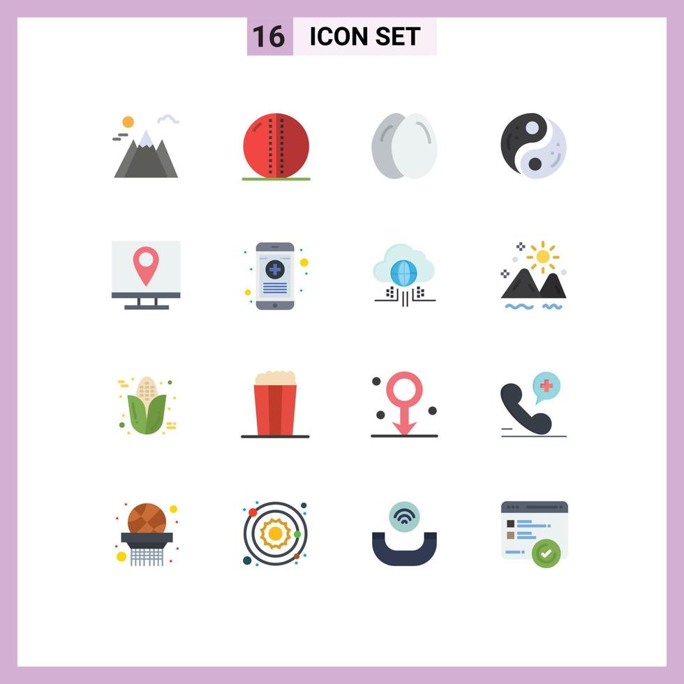 Flat Color Pack of 16 Universal Symbols of contact yin chicken yang taoism Editable Pack of Creative Vector Design Elements