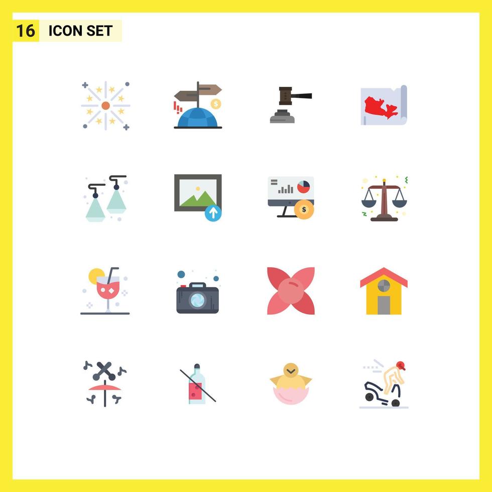 Mobile Interface Flat Color Set of 16 Pictograms of map judge marketing hammer court Editable Pack of Creative Vector Design Elements