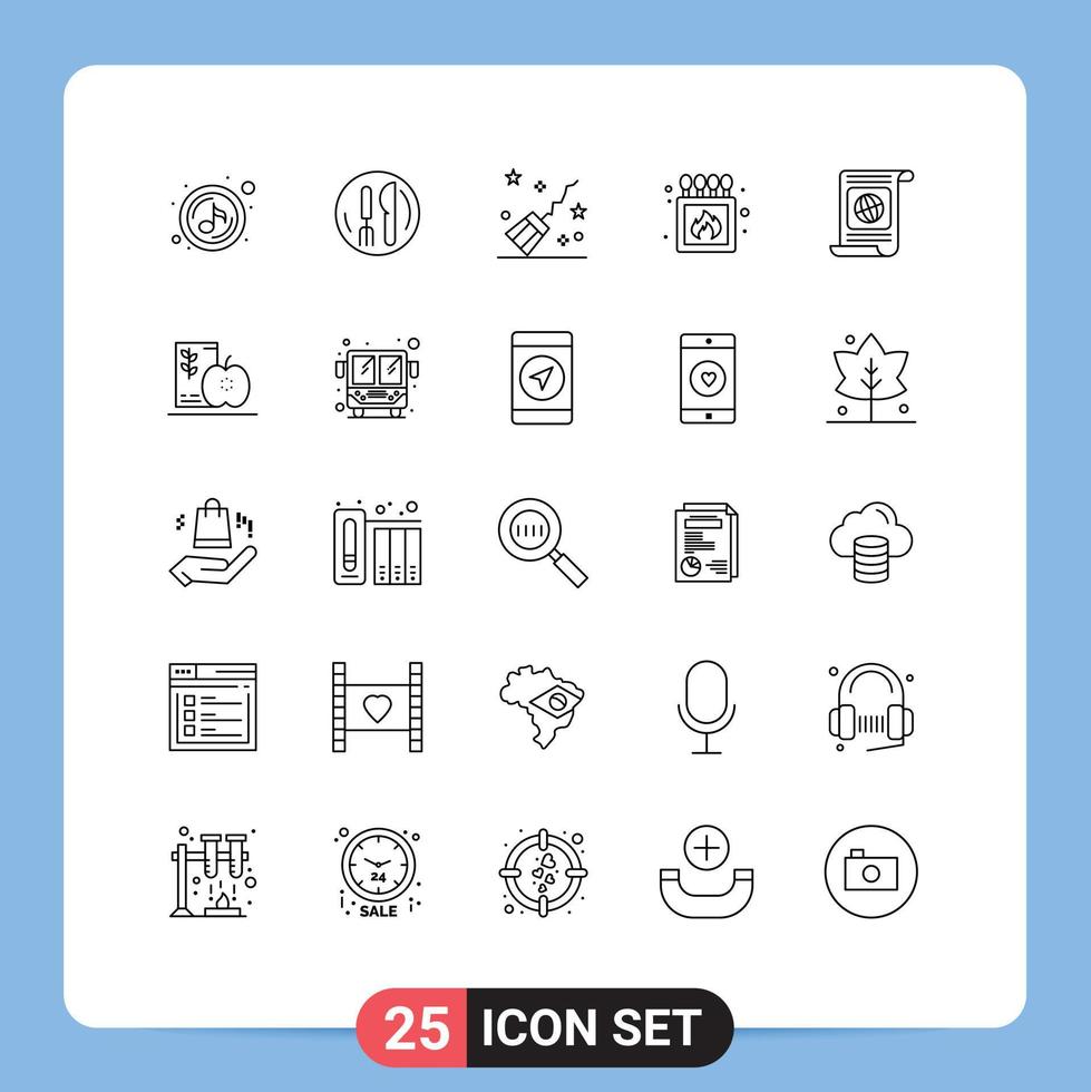 Pictogram Set of 25 Simple Lines of objectives box broom match camping Editable Vector Design Elements