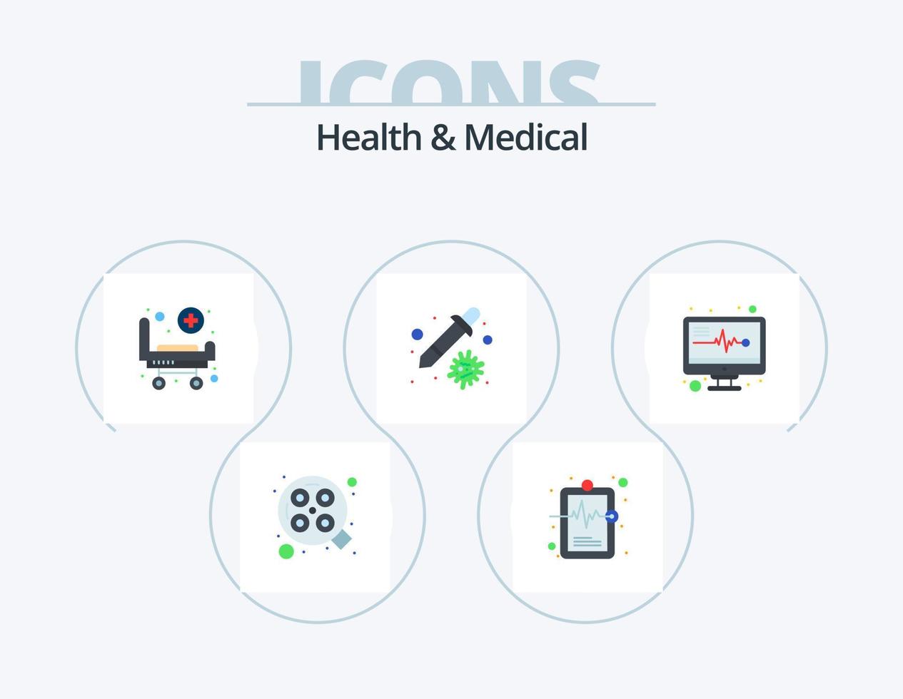 Health And Medical Flat Icon Pack 5 Icon Design. medical monitor. virus. stretcher. pipette. dropper vector