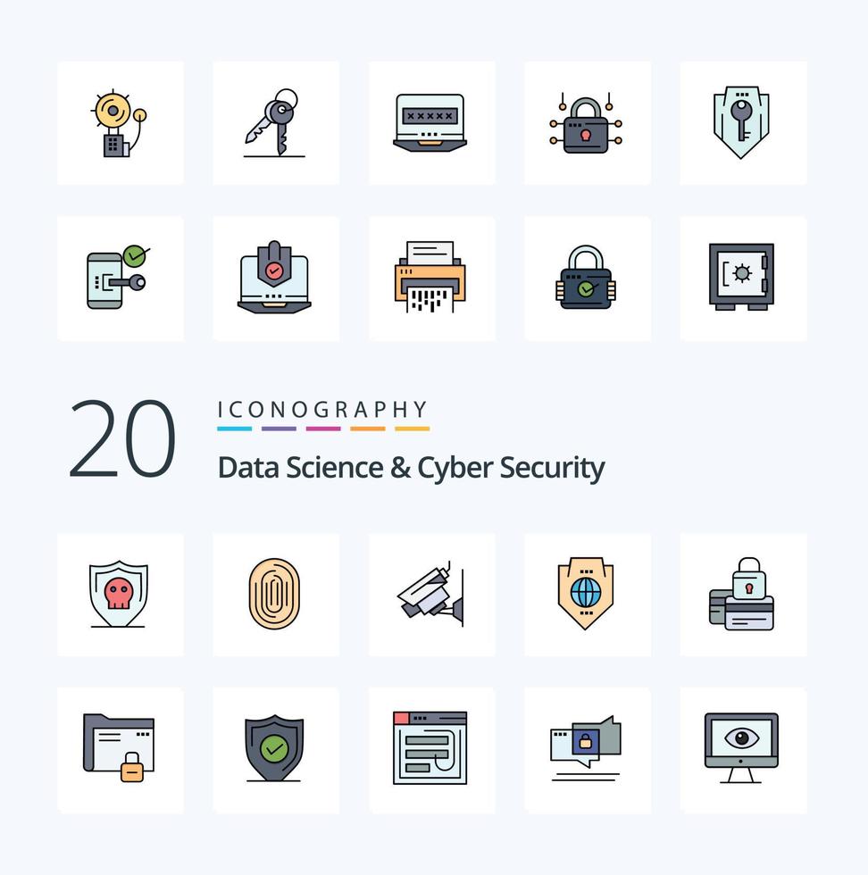 20 Data Science And Cyber Security Line Filled Color icon Pack like globe world scanner access security vector