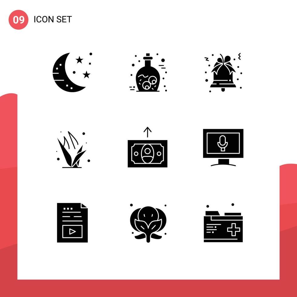 User Interface Pack of 9 Basic Solid Glyphs of money cash bell spring grasses Editable Vector Design Elements