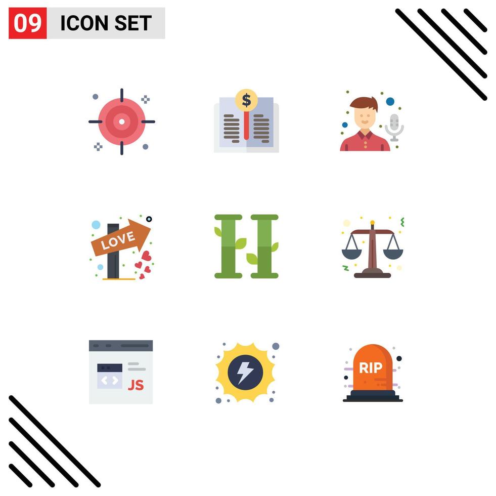Pictogram Set of 9 Simple Flat Colors of summer bamboo mic date love Editable Vector Design Elements