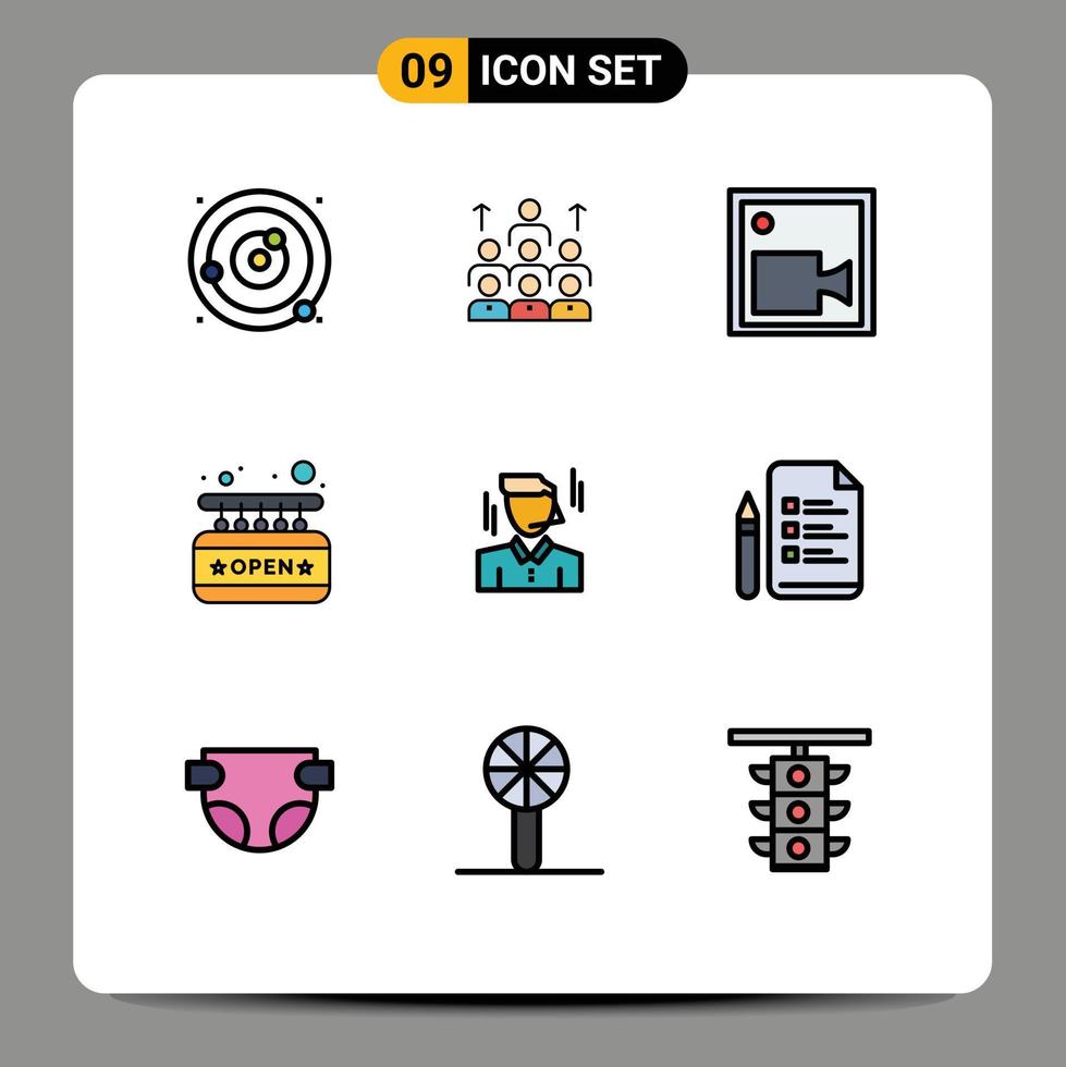 Set of 9 Commercial Filledline Flat Colors pack for board record leadership camera teamwork Editable Vector Design Elements