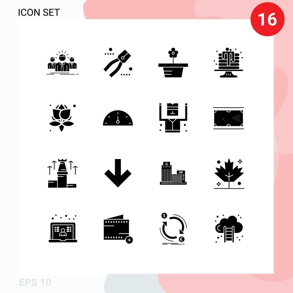 User Interface Pack of 16 Basic Solid Glyphs of leaves cake tool birthday present Editable Vector Design Elements