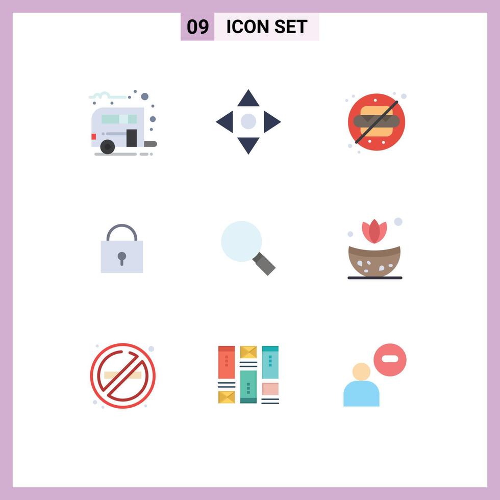 9 User Interface Flat Color Pack of modern Signs and Symbols of search look no glass lock Editable Vector Design Elements