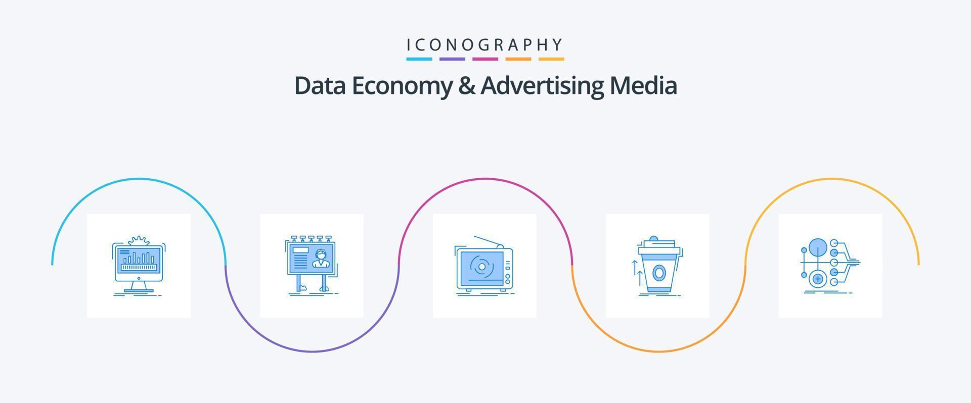 datos economía y publicidad medios de comunicación azul 5 5 icono paquete incluso café. producto. póster. colocar. publicidad vector