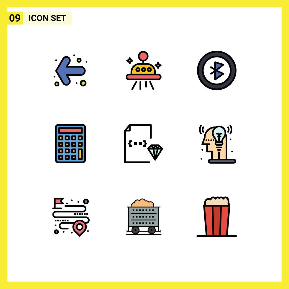 Pack of 9 Modern Filledline Flat Colors Signs and Symbols for Web Print Media such as creative document signal development coding Editable Vector Design Elements