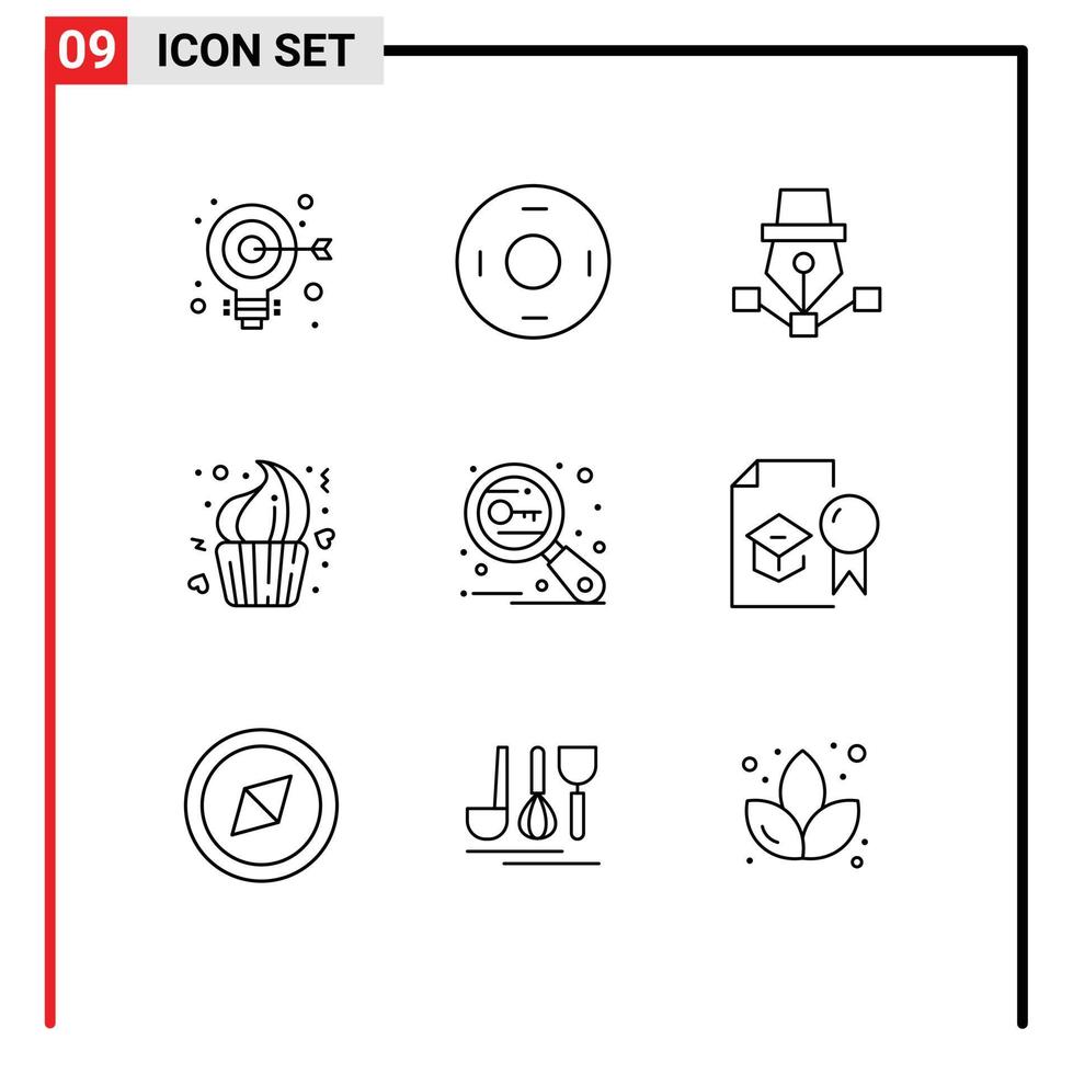 9 Universal Outlines Set for Web and Mobile Applications dessert cup pen cake draw Editable Vector Design Elements