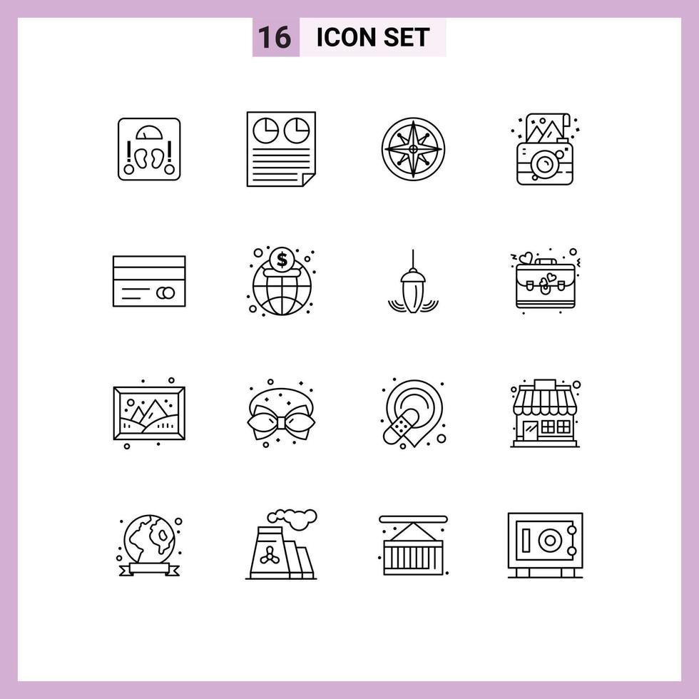 Modern Set of 16 Outlines and symbols such as photo camera report birthday navigator Editable Vector Design Elements