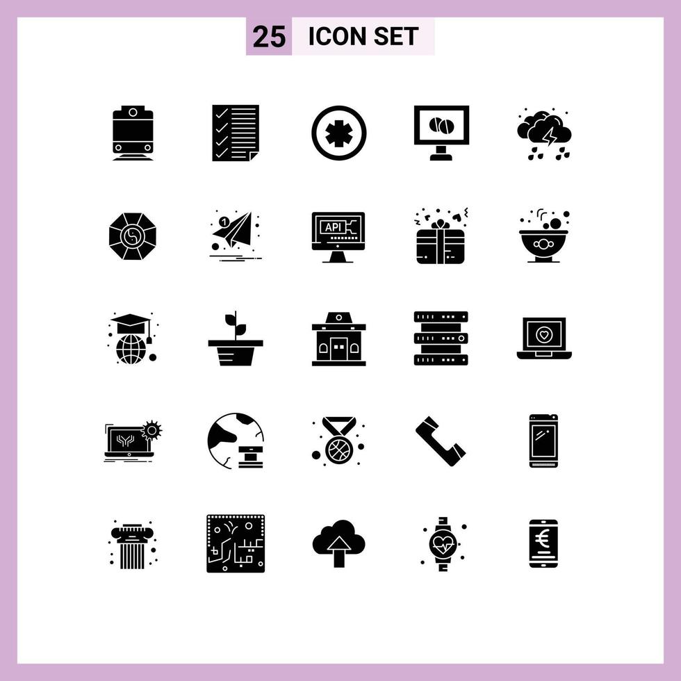 Pack of 25 Modern Solid Glyphs Signs and Symbols for Web Print Media such as weather drop medicine cloud medicine Editable Vector Design Elements